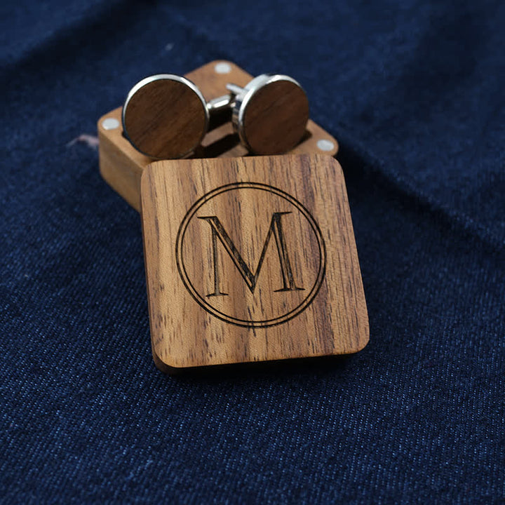 Gemelos de madera con caja grabada con letras personalizadas para hombre