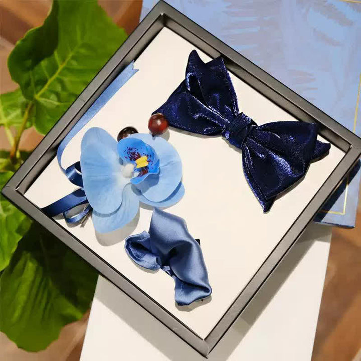 Juego de 3 broches y pañuelos con forma de falaenopsis azul para hombre