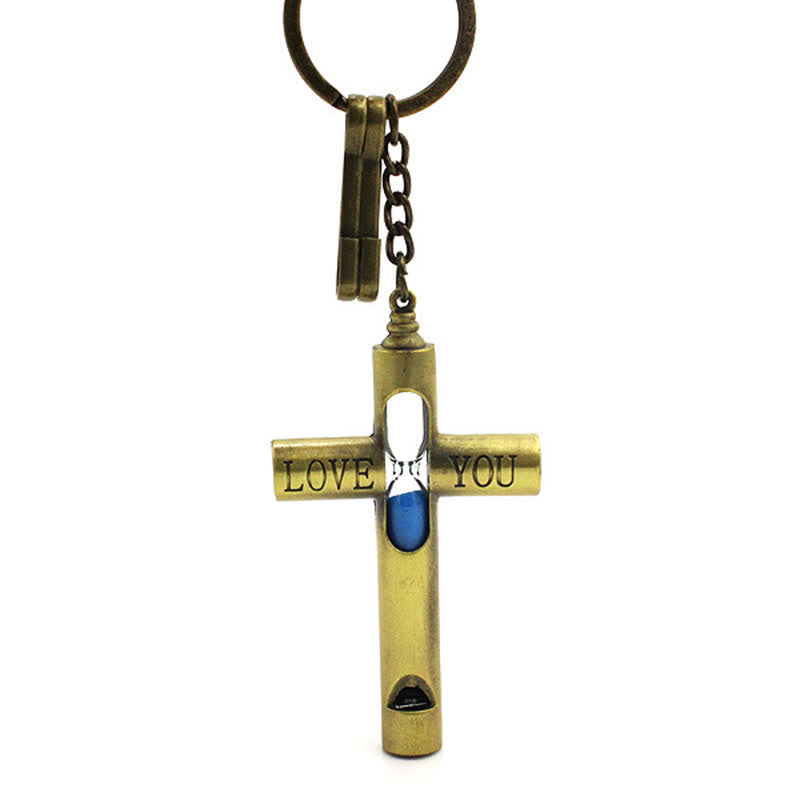 Llavero con silbato en forma de cruz de reloj de arena atemporal "Te amo"