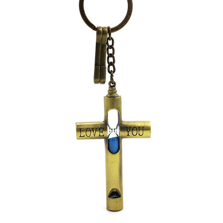 Llavero con silbato en forma de cruz de reloj de arena atemporal "Te amo"