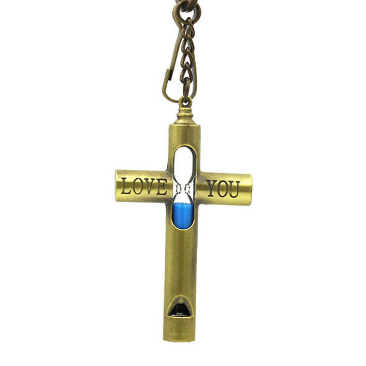 Llavero con silbato en forma de cruz de reloj de arena atemporal "Te amo"