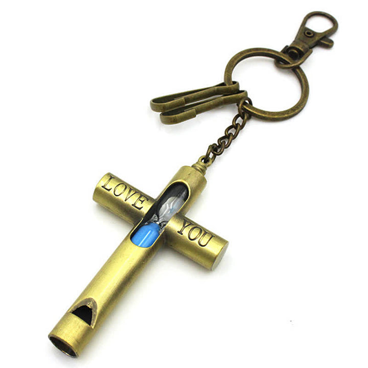 Llavero con silbato en forma de cruz de reloj de arena atemporal "Te amo"