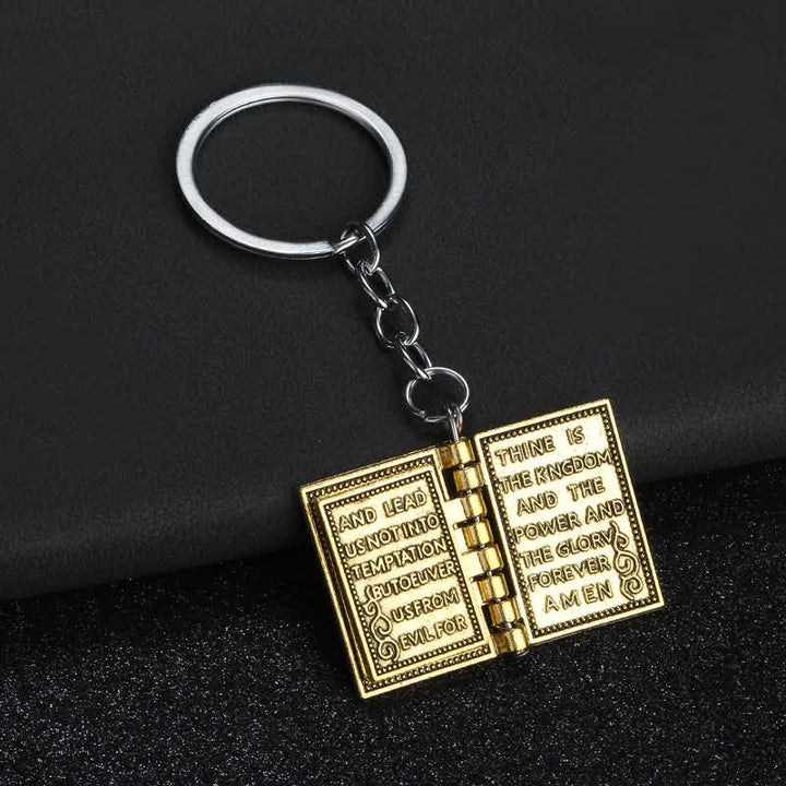 Llavero con colgante de libro de páginas volteables de la Biblia retro