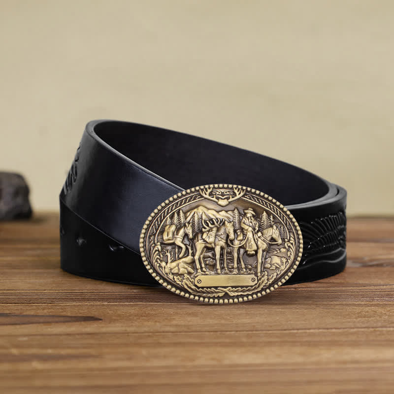 Cinturón de cuero con hebilla de caballo y caballero de bronce antiguo para hombre, hecho a mano