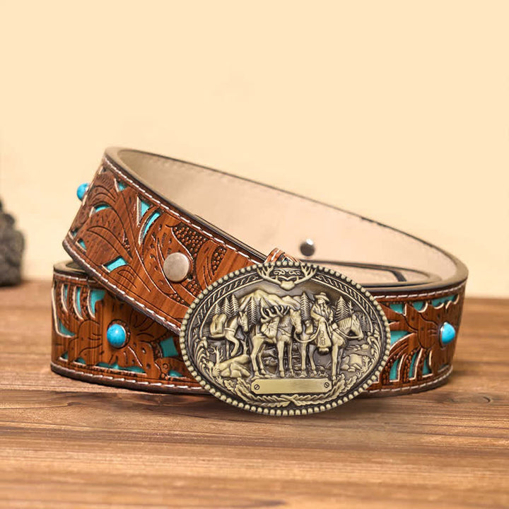 Cinturón de cuero con hebilla de caballo y caballero de bronce antiguo para hombre, hecho a mano