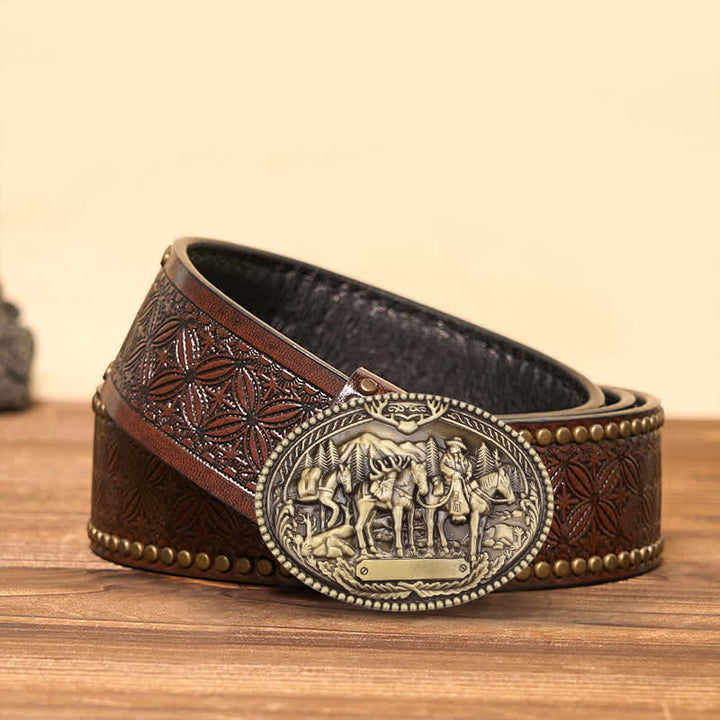 Cinturón de cuero con hebilla de caballo y caballero de bronce antiguo para hombre, hecho a mano