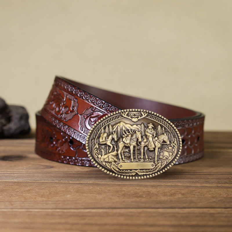 Cinturón de cuero con hebilla de caballo y caballero de bronce antiguo para hombre, hecho a mano