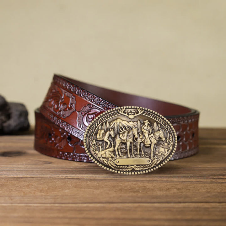 Cinturón de cuero con hebilla de caballo y caballero de bronce antiguo para hombre, hecho a mano