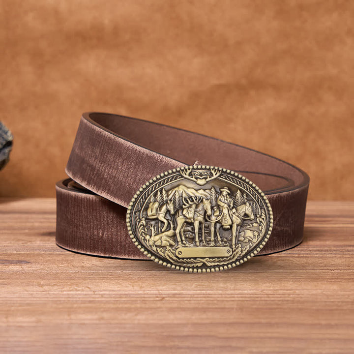 Cinturón de cuero con hebilla de caballo y caballero de bronce antiguo para hombre, hecho a mano
