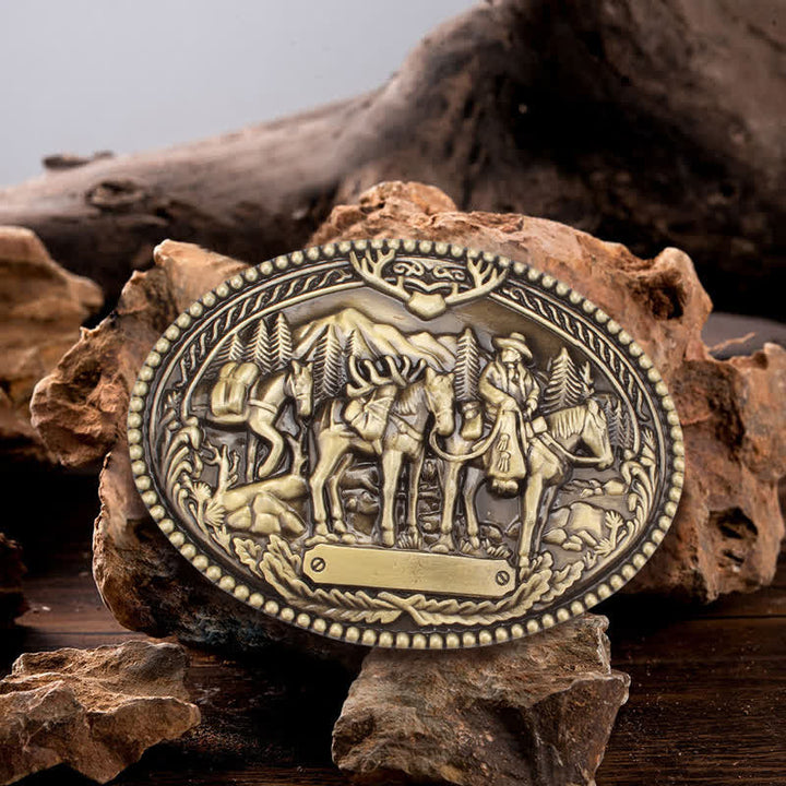 Cinturón de cuero con hebilla de caballo y caballero de bronce antiguo para hombre, hecho a mano