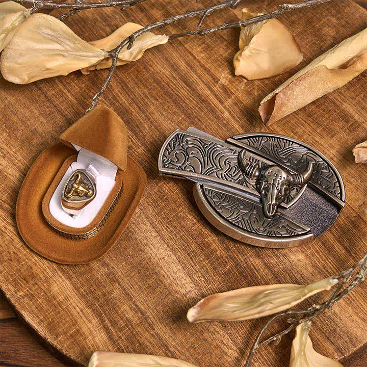 Conjunto de colgante y anillo con hebilla de cinturón con cuchillo oculto de toro Longhorn