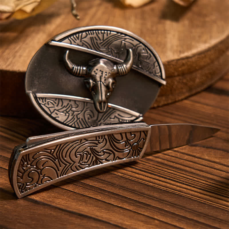 Conjunto de colgante y anillo con hebilla de cinturón con cuchillo oculto de toro Longhorn