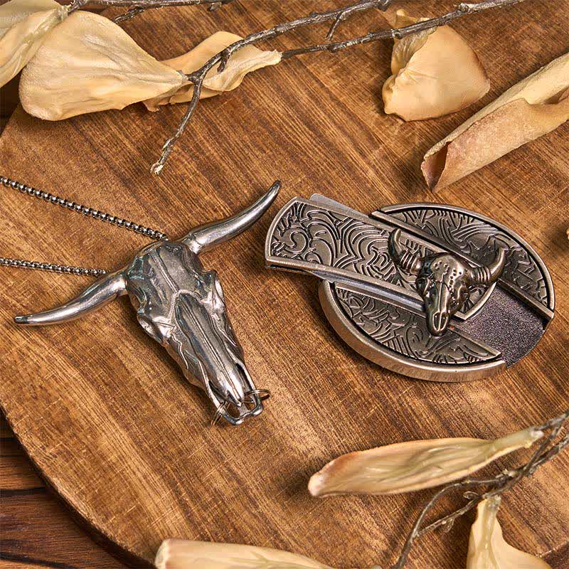 Conjunto de colgante y anillo con hebilla de cinturón con cuchillo oculto de toro Longhorn