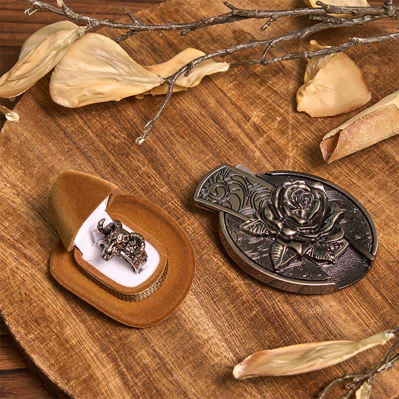 Conjunto de hebilla de cinturón con colgante de cuerno largo y anillo de cabra con cuchillo oculto de Rose DIY