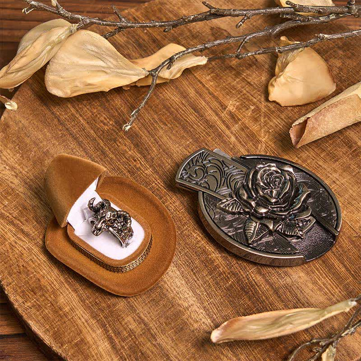 Conjunto de hebilla de cinturón con colgante de cuerno largo y anillo de cabra con cuchillo oculto de Rose DIY