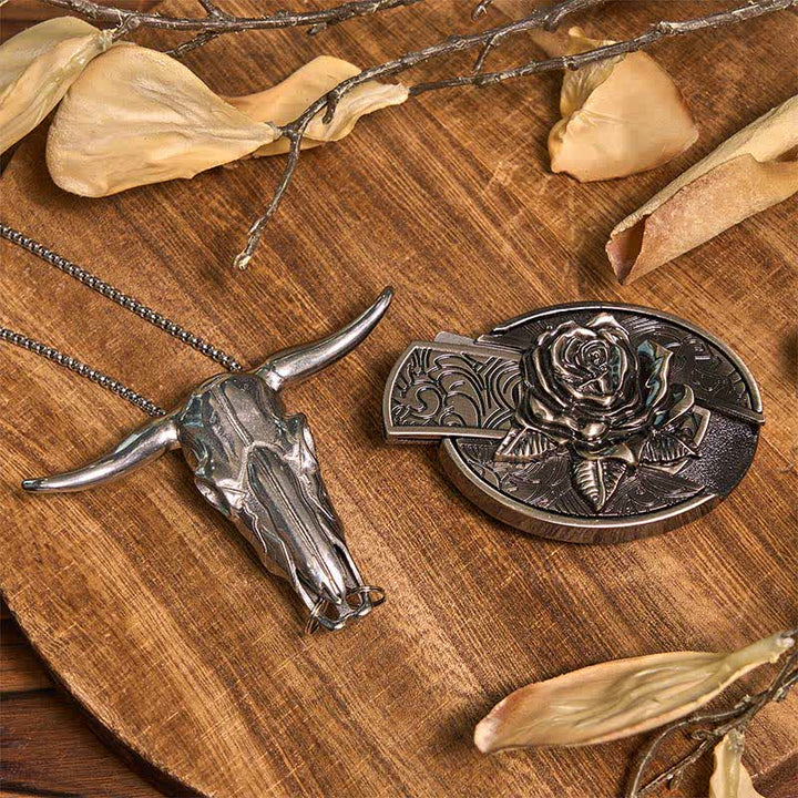 Conjunto de hebilla de cinturón con colgante de cuerno largo y anillo de cabra con cuchillo oculto de Rose DIY