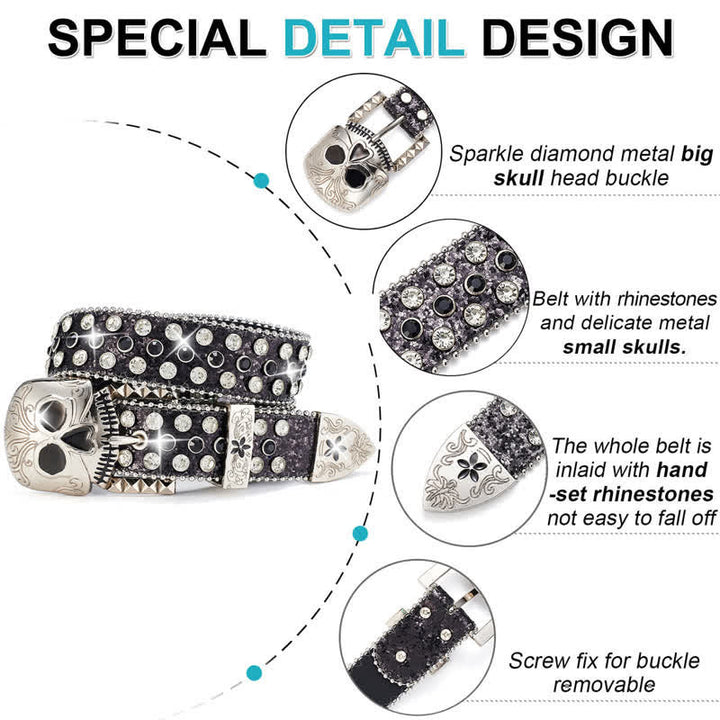 Cinturón de cuero con tachuelas y diamantes de imitación con hebilla de calavera de estilo urbano.