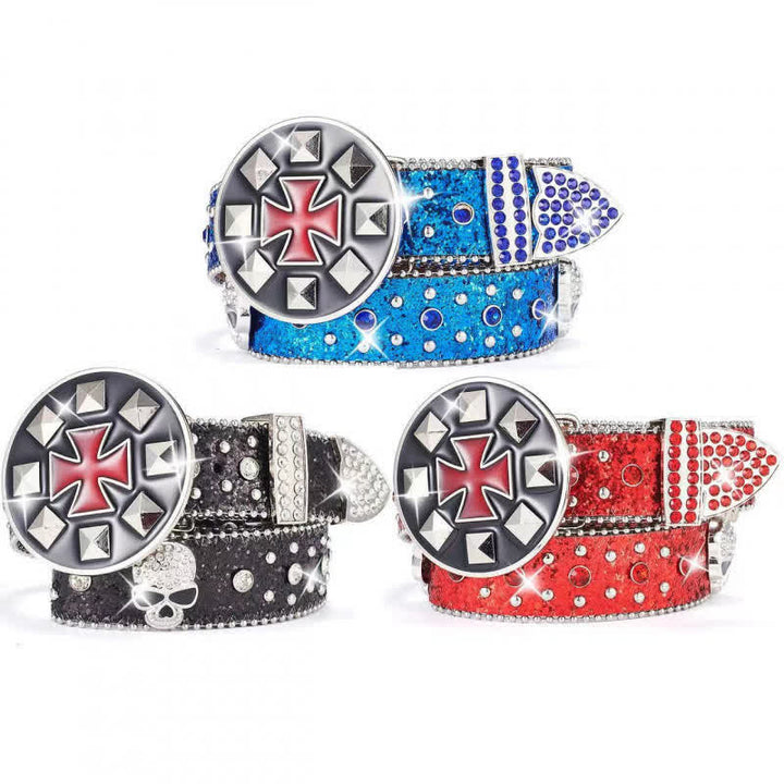 Cinturón de cuero con hebilla cruzada y tachuelas de calavera con diamantes de imitación estilo vintage