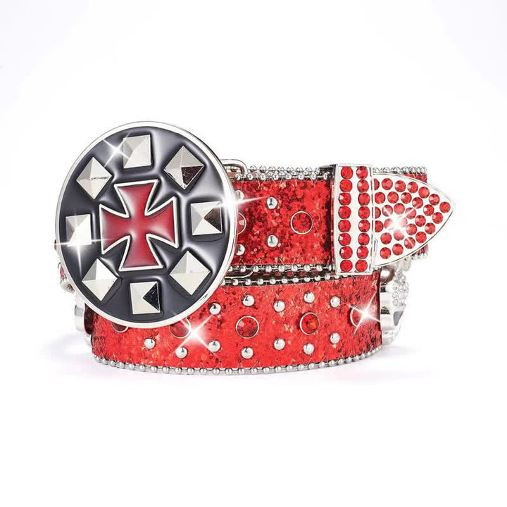 Cinturón de cuero con hebilla cruzada y tachuelas de calavera con diamantes de imitación estilo vintage