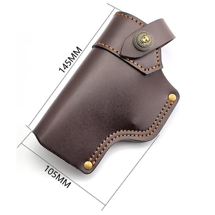 Funda de cuero con remaches de león y correa de retención para cinturón
