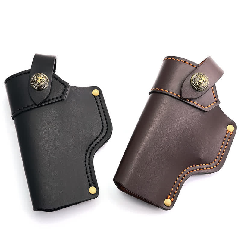 Funda de cuero con remaches de león y correa de retención para cinturón