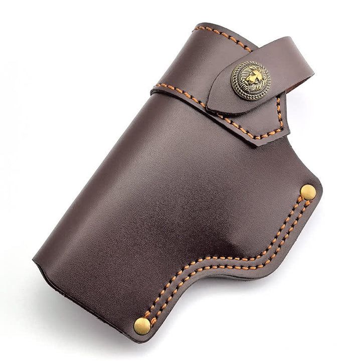 Funda de cuero con remaches de león y correa de retención para cinturón