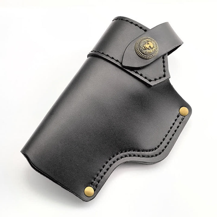 Funda de cuero con remaches de león y correa de retención para cinturón