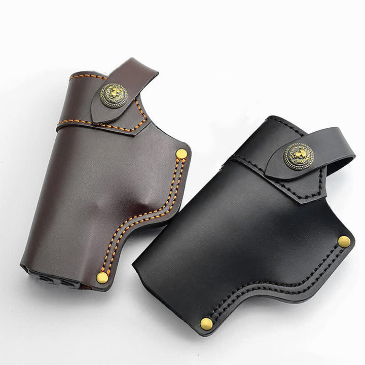Funda de cuero con remaches de león y correa de retención para cinturón