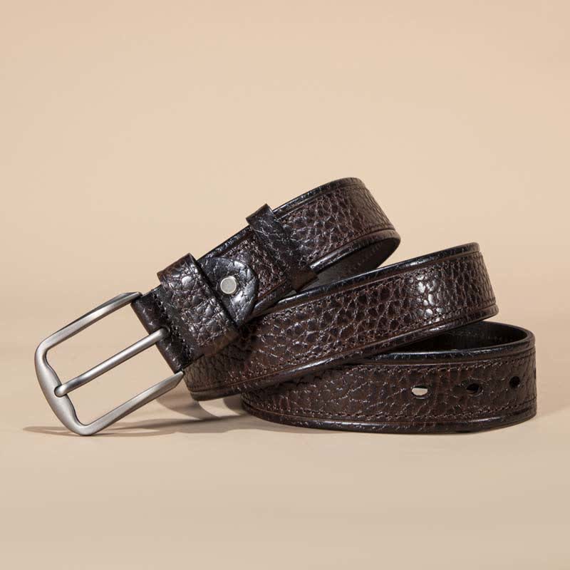 Cinturón de piel de vaca informal con estampado de piel de serpiente y costuras.