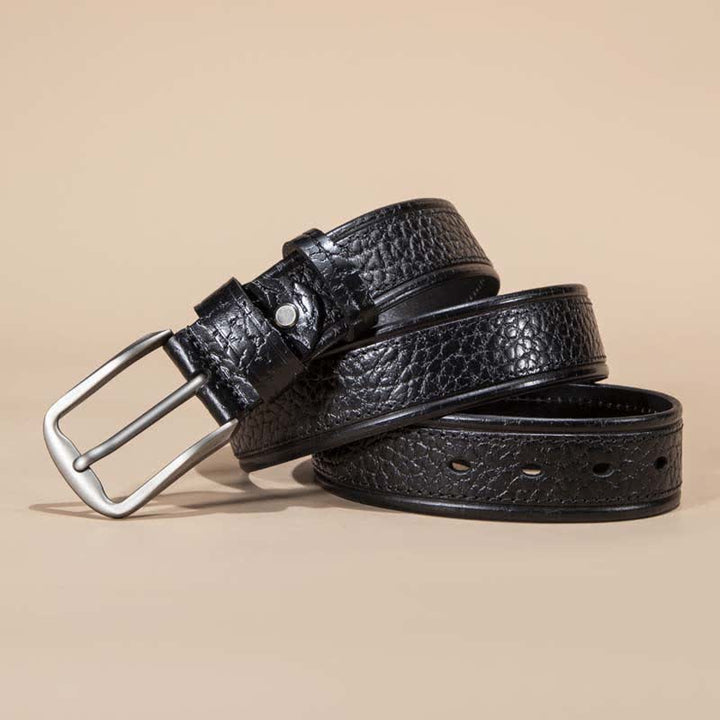 Cinturón de piel de vaca informal con estampado de piel de serpiente y costuras.