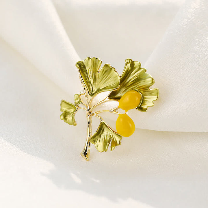 Broche elegante de hoja de ginkgo amarilla para mujer