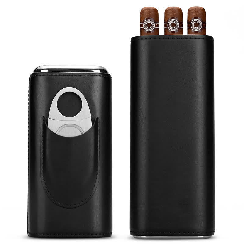Estuche de cuero para humidor de puros de 3 dedos con cortador de puros