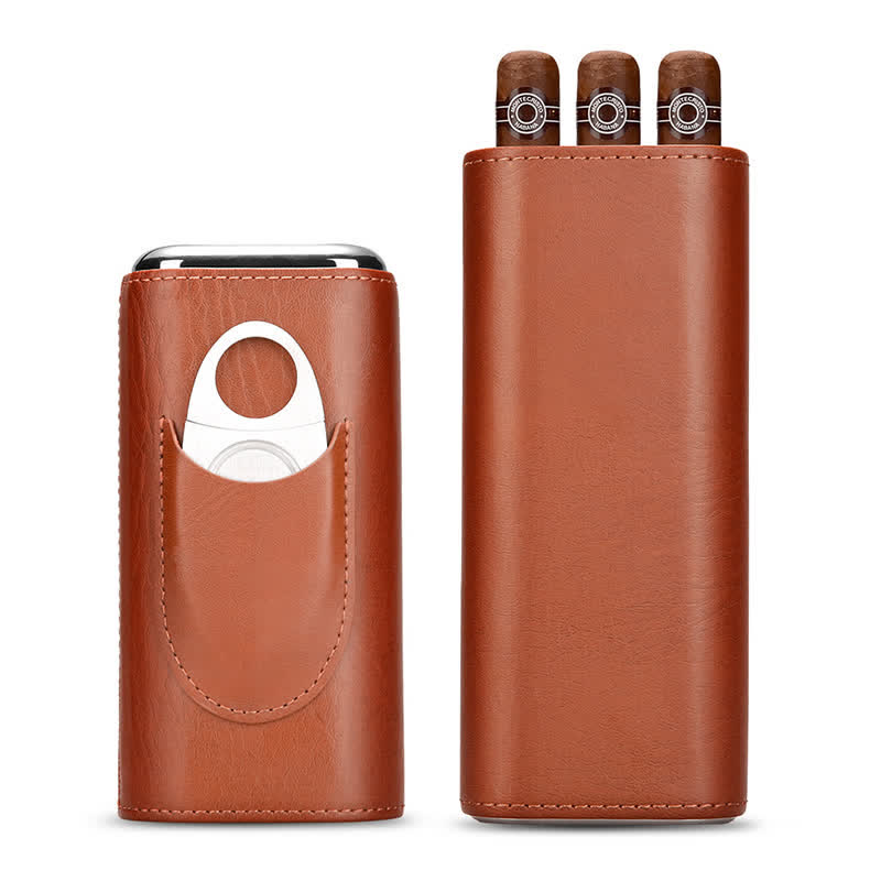 Estuche de cuero para humidor de puros de 3 dedos con cortador de puros