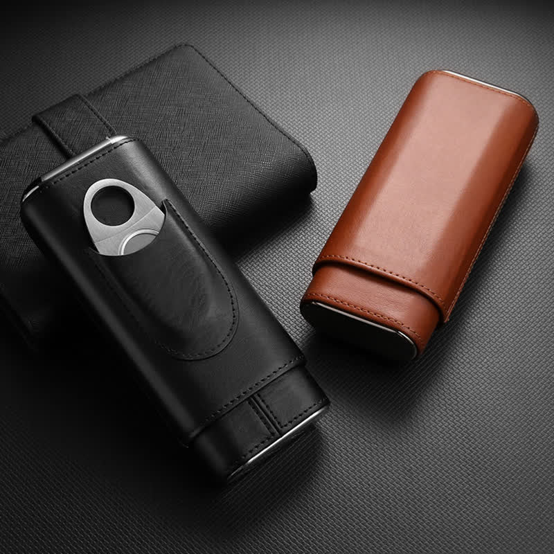Estuche de cuero para humidor de puros de 3 dedos con cortador de puros