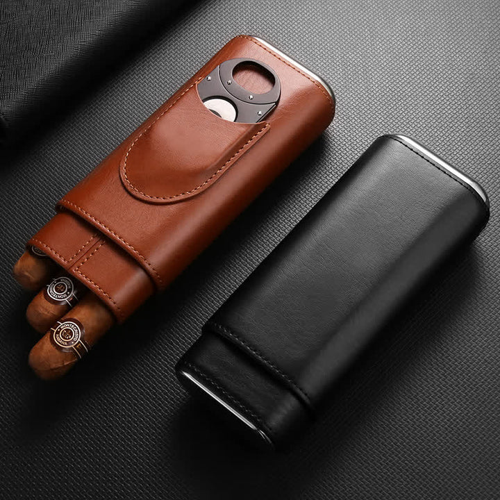 Estuche de cuero para humidor de puros de 3 dedos con cortador de puros