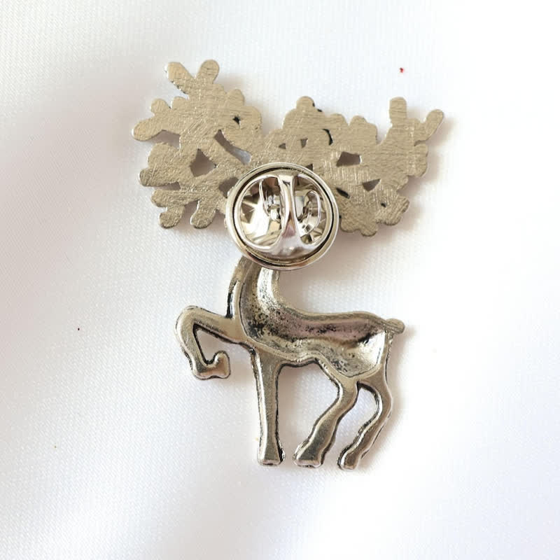 Broche de accesorio para traje de hombre con ciervo y alce navideño de plata