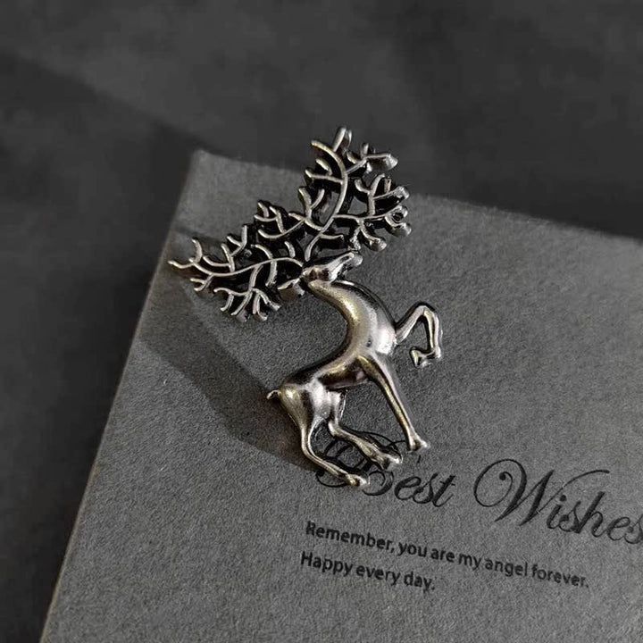 Broche de accesorio para traje de hombre con ciervo y alce navideño de plata