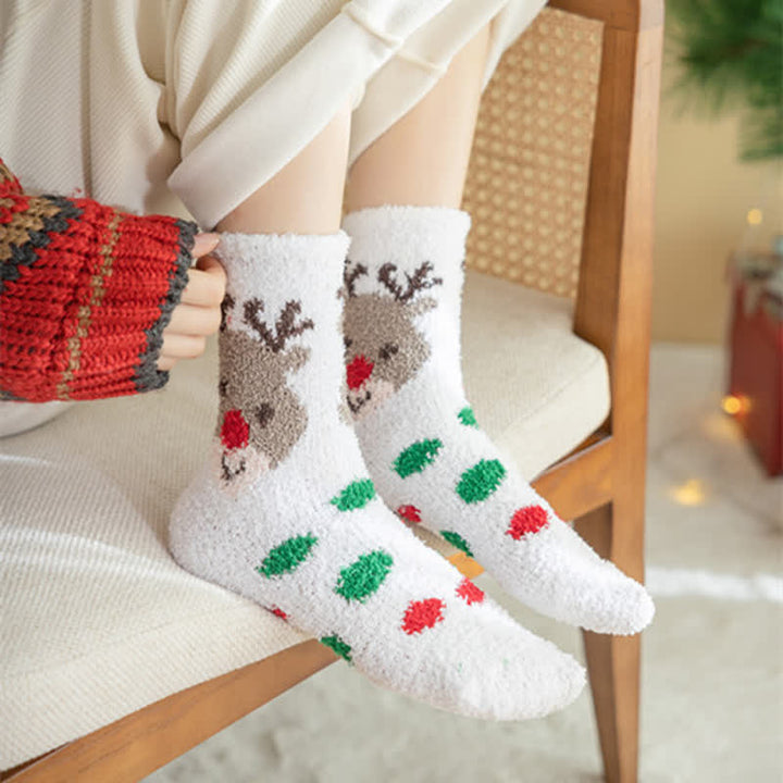 Calcetines navideños de polar coral con diseño de Papá Noel y alce para mujer