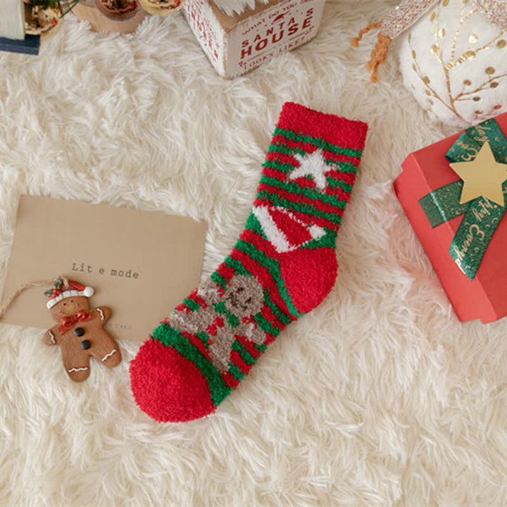 Calcetines navideños de polar coral con diseño de Papá Noel y alce para mujer