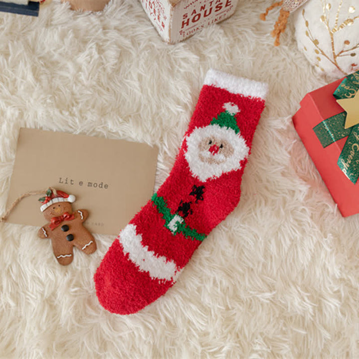 Calcetines navideños de polar coral con diseño de Papá Noel y alce para mujer