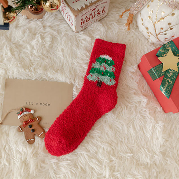 Calcetines navideños de polar coral con diseño de Papá Noel y alce para mujer