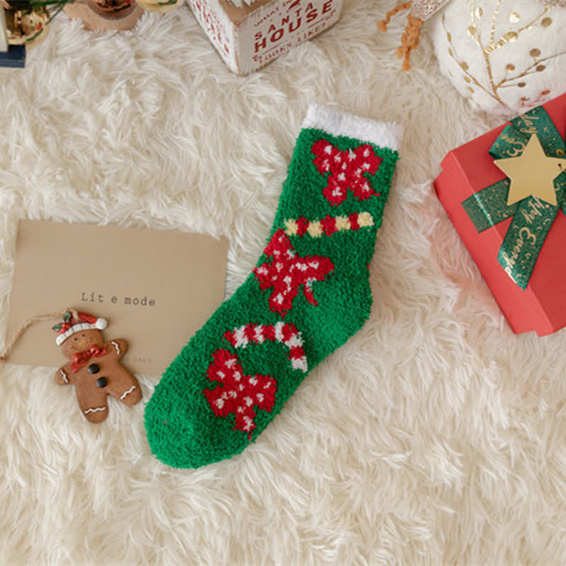 Calcetines navideños de polar coral con diseño de Papá Noel y alce para mujer