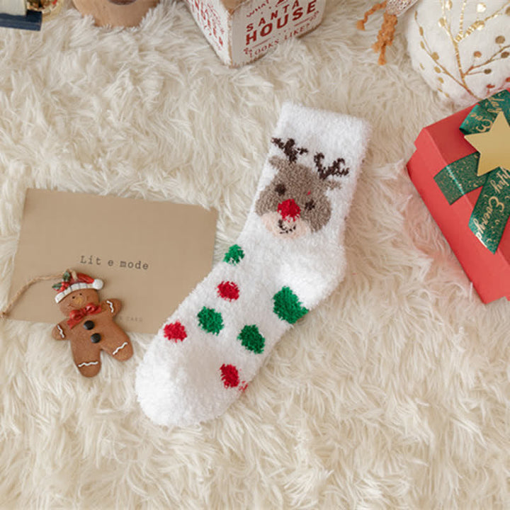 Calcetines navideños de polar coral con diseño de Papá Noel y alce para mujer