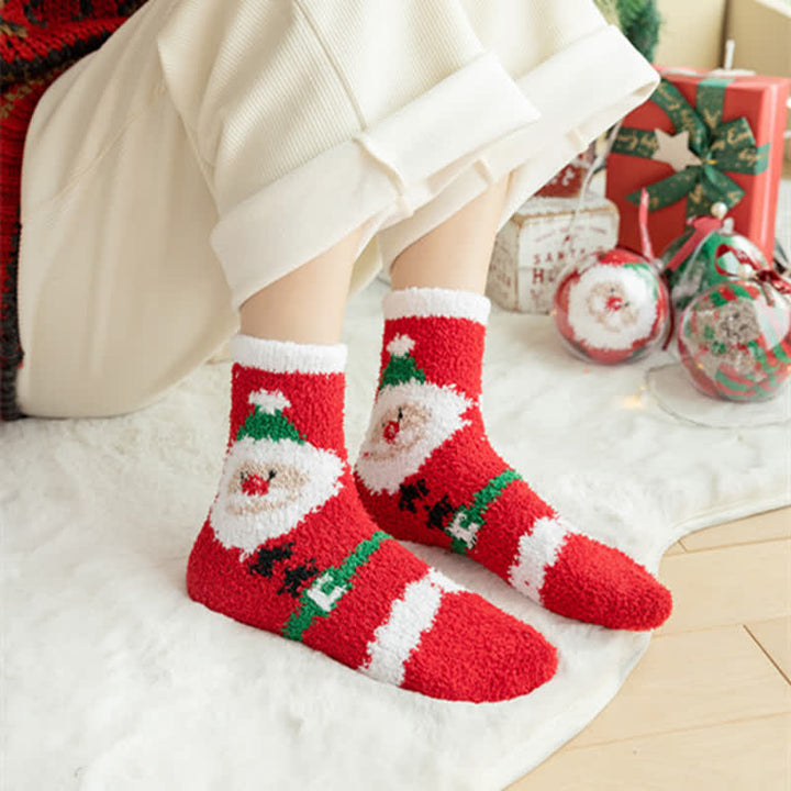 Calcetines navideños de polar coral con diseño de Papá Noel y alce para mujer