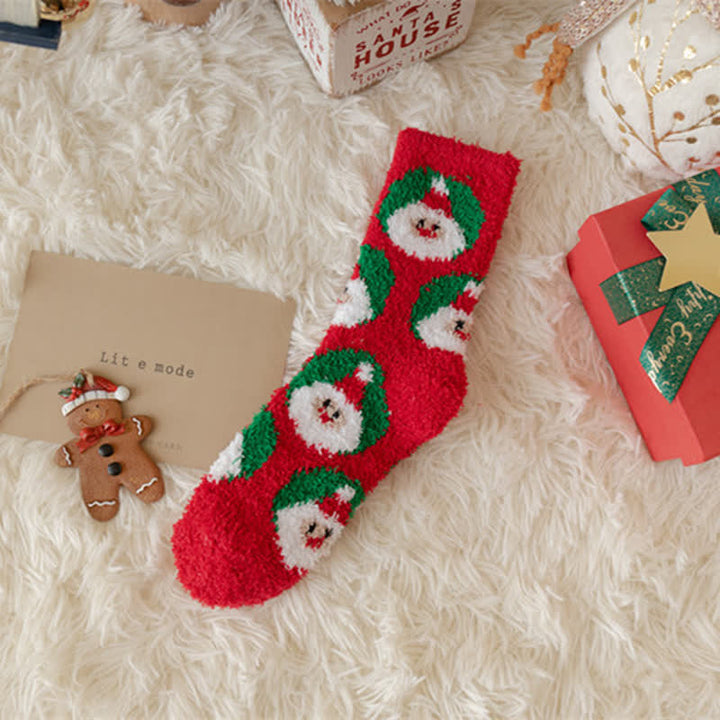 Calcetines navideños de polar coral con diseño de Papá Noel y alce para mujer