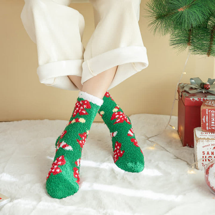 Calcetines navideños de polar coral con diseño de Papá Noel y alce para mujer