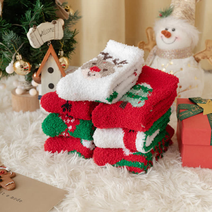Calcetines navideños de polar coral con diseño de Papá Noel y alce para mujer