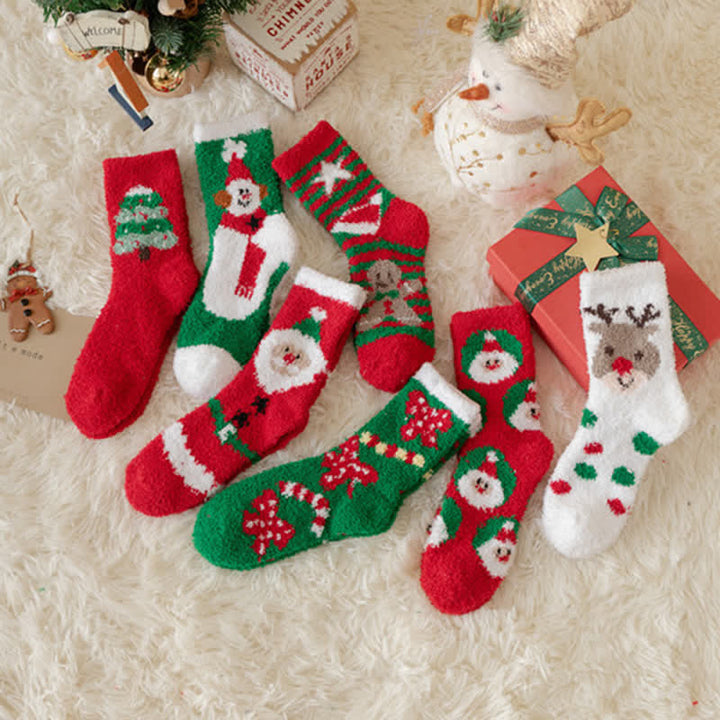 Calcetines navideños de polar coral con diseño de Papá Noel y alce para mujer