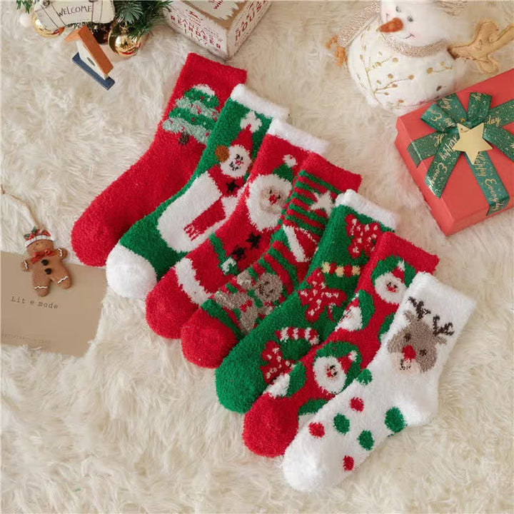 Calcetines navideños de polar coral con diseño de Papá Noel y alce para mujer