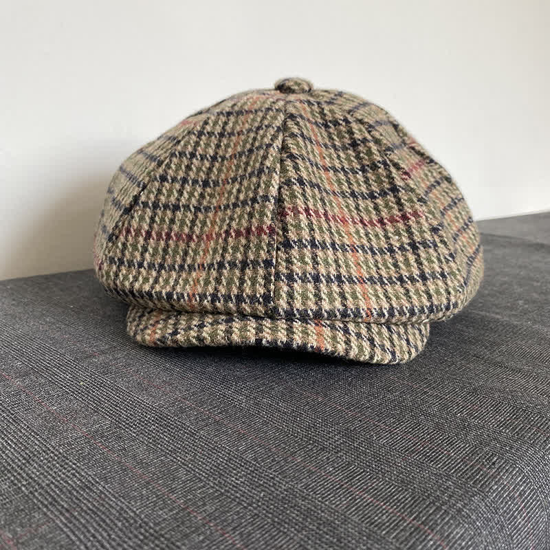 Boina de repartidor de periódicos de tweed a cuadros escoceses en color beige